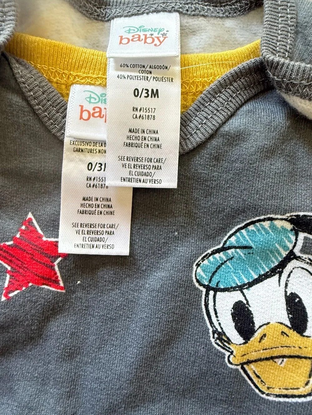 Disney Baby Gray Romper with Yellow Trim and Multi-Character Prints
